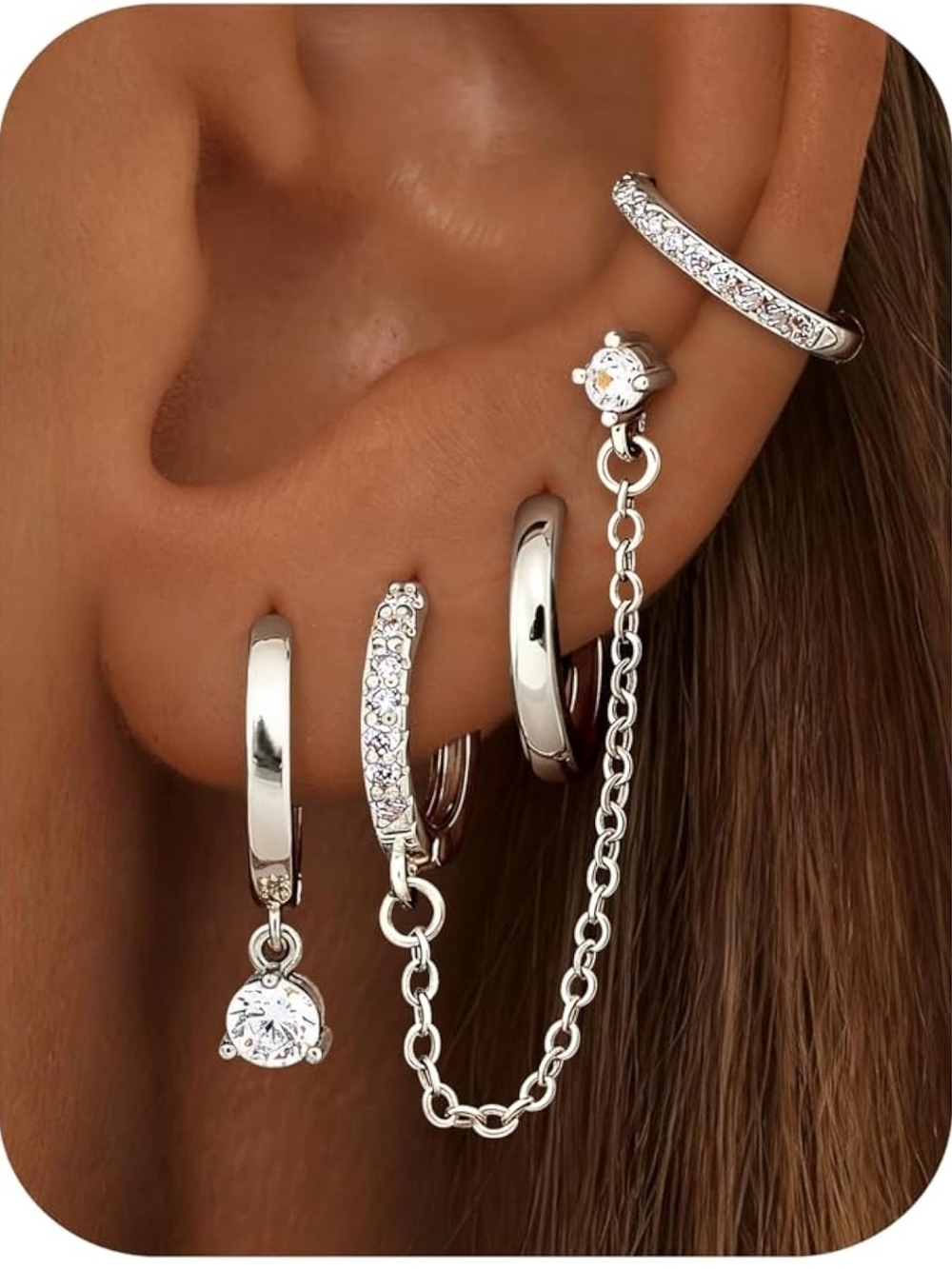 Silver CZ Dangle Chain Ear Cuff Set - Women Jewelry
